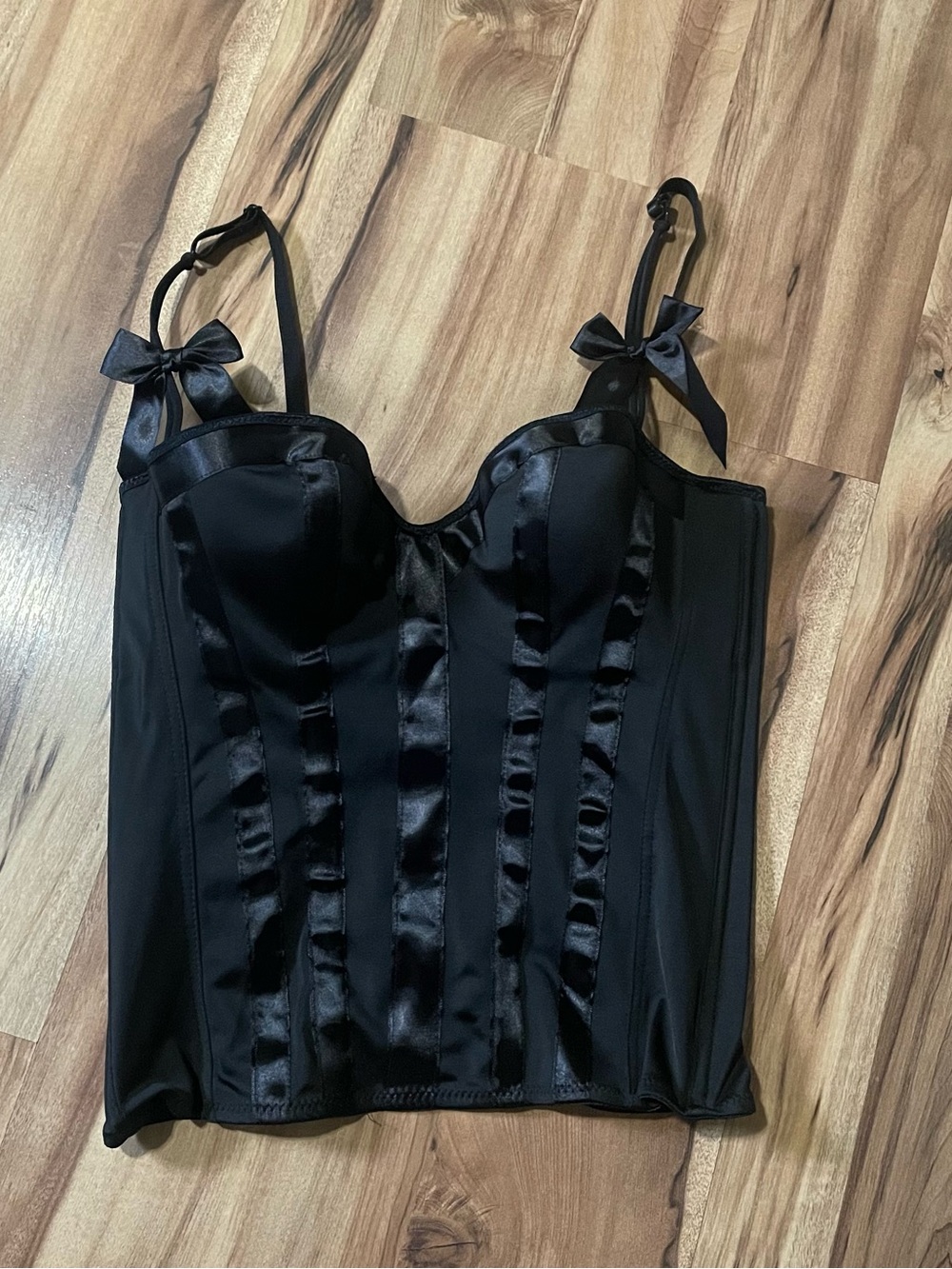 LOVEsick Black Corset Top Satin Ruffle Bow Bustier Whimsigoth Y2K Sz Med